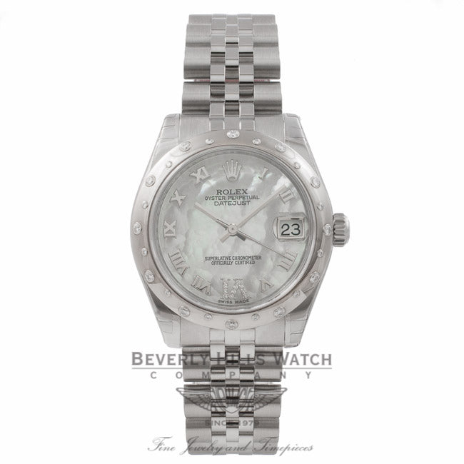 Rolex Date-Just 31MM Stainless Steel 18K White Gold Domed Bezel Diamond Dial 178344 6NJTUU - Beverly Hills Watch Store