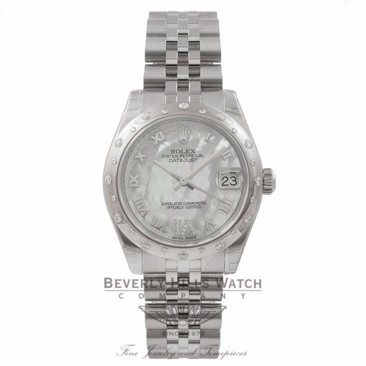 Rolex Date-Just 31MM Stainless Steel 18K White Gold Domed Bezel Diamond Dial 178344 6NJTUU - Beverly Hills Watch Store