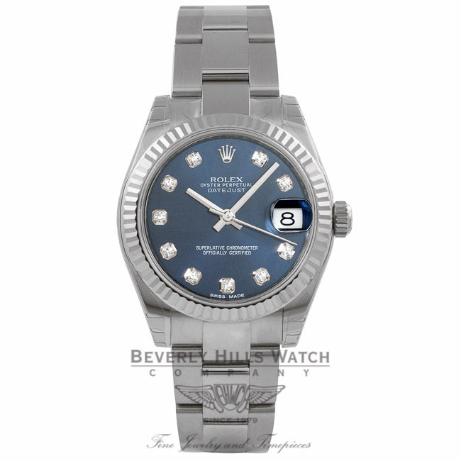 Rolex Datejust 31MM Stainless Steel 18k White Gold Fluted Bezel Blue Diamond Dial 178274 NWJY11 - Beverly Hills Watch Company Watch store