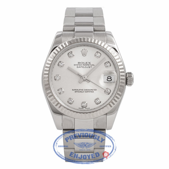 Rolex Datejust Stainless Steel 18k Fluted White Gold Bezel Silver Diamond Dial 178274 WHWPAI - Beverly Hills Watch Store Watch Store