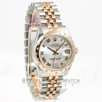 Rolex Datejust 31mm Stainless Steel and Rose Gold Jubliee Bracelet Smooth Sprinkled Diamond Bezel Mother of Pearl Roman Numeral Diamond Dial Watch 178341 Beverly Hills Watch Company Watches