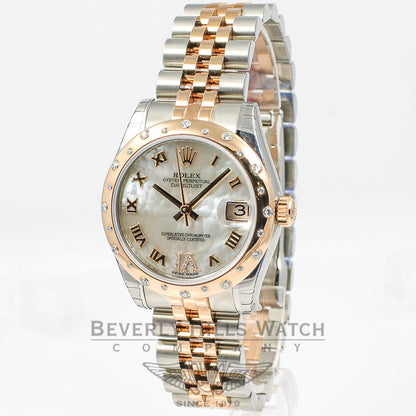 Rolex Datejust 31mm Stainless Steel and Rose Gold Jubliee Bracelet Smooth Sprinkled Diamond Bezel Mother of Pearl Roman Numeral Diamond Dial Watch 178341 Beverly Hills Watch Company Watches