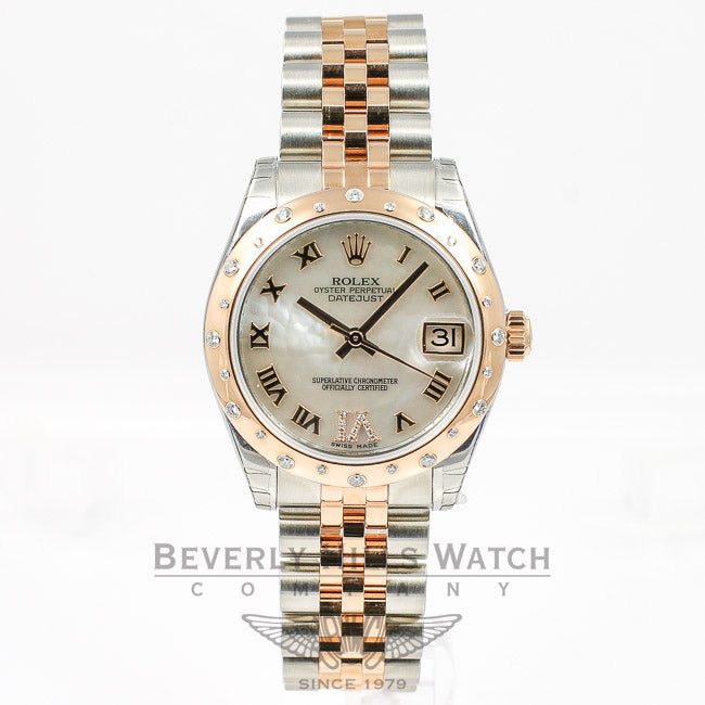 Rolex Datejust 31mm Stainless Steel and Rose Gold Jubliee Bracelet Smooth Sprinkled Diamond Bezel Mother of Pearl Roman Numeral Diamond Dial Watch 178341 Beverly Hills Watch Company Watches