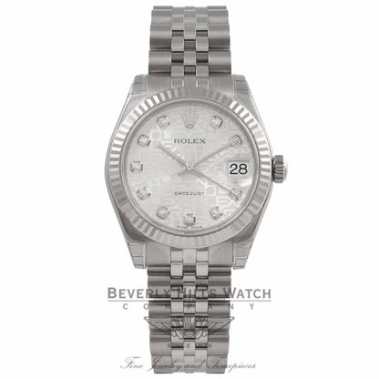 Rolex Datejust 31mm Stainless Steel Oyster Bracelet Jubilee Diamond Dial White Gold Fluted Bezel Watch 178274 Beverly Hills Watch Company Watches