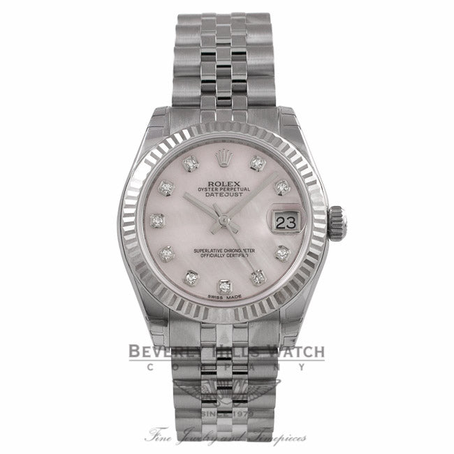 Rolex Datejust 31MM Stainless Steel 18k White Gold Fluted Bezel Pink Mother of Pearl Diamond Dial 178274 U8Z7RY - Beverly Hills Watch Company Watch Store