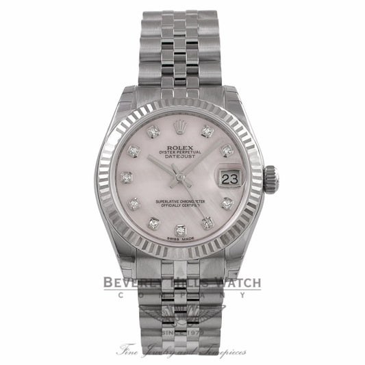 Rolex Datejust 31MM Stainless Steel 18k White Gold Fluted Bezel Pink Mother of Pearl Diamond Dial 178274 U8Z7RY - Beverly Hills Watch Company Watch Store