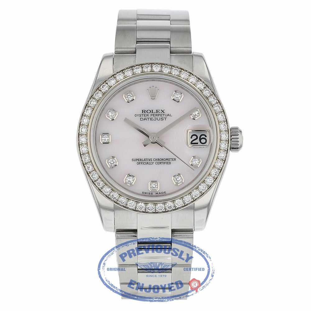 Rolex DateJust 31mm Oyster Perpetual 18k White Gold Diamond Bezel Pink Mother of Pearl 178384 APMJ0U - Beverly Hills Watch Company