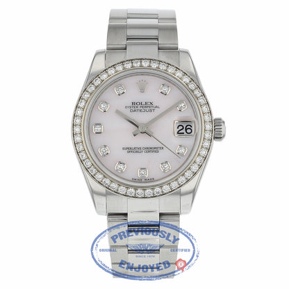 Rolex DateJust 31mm Oyster Perpetual 18k White Gold Diamond Bezel Pink Mother of Pearl 178384 APMJ0U - Beverly Hills Watch Company