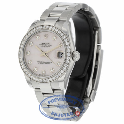 Rolex DateJust 31mm Oyster Perpetual 18k White Gold Diamond Bezel Pink Mother of Pearl 178384 APMJ0U - Beverly Hills Watch Company