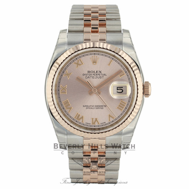 Rolex Datejust 36mm Stainless Steel 18k Rose Gold Pink Roman Dial Jubilee Bracelet 116231 TQWRK7 - Beverly Hills Watch Company