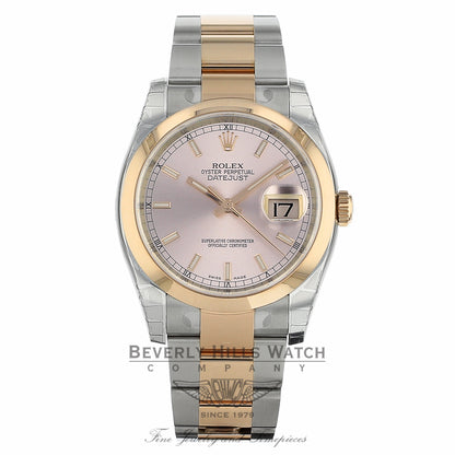 Rolex Datejust 36mm Stainless Steel and Rose Gold Oyster Bracelet Diamond Domed Bezel 116201 HD6A57 - Beverly Hills Watch Company