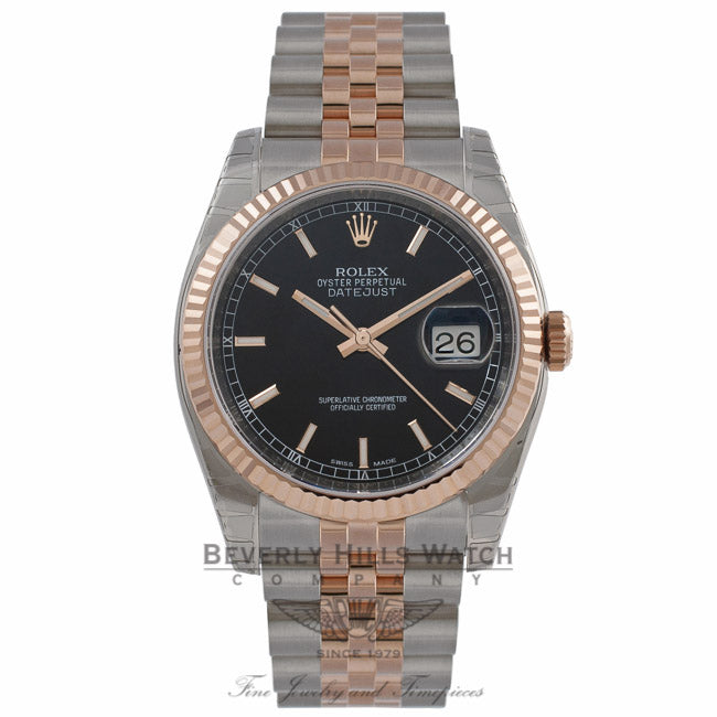 Rolex DateJust 36mm 18k Rose Gold and Stainless Steel Black Dial 116231 YTRK1Z - Beverly Hills Watch Company