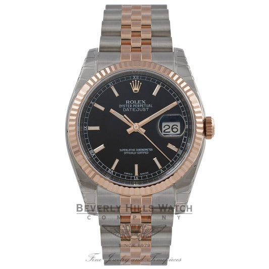 Rolex DateJust 36mm 18k Rose Gold and Stainless Steel Black Dial 116231 YTRK1Z - Beverly Hills Watch Company