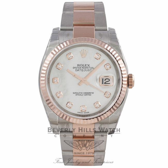 Rolex Datejust 36mm Stainless Steel and Rose Gold Jubilee Bracelet White Mother of Pearl Diamond Dial Fluted Bezel 116231 - JV9PA7 - Beverly Hills Watch Company Watch Store