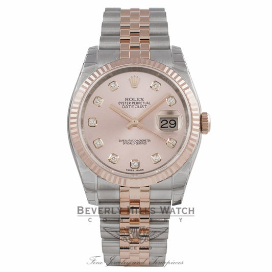 Rolex DateJust 36mm 18k Rose Gold and Stainless Pink Diamond Dial 116231 MHDH3D - Beverly Hills Watch Company