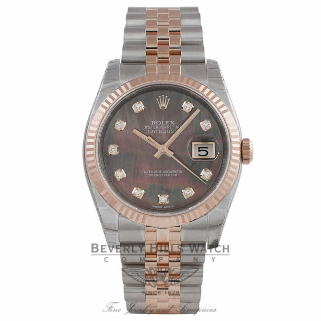 Rolex DateJust 36mm 18k Rose Gold and Stainless Black Mother of Peal Diamond Dial 116231 3U43UV - Beverly Hills Watch Company Watch Store