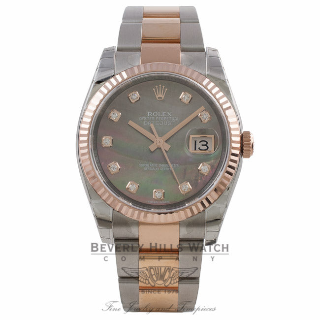 Rolex DateJust 36mm 18k Rose Gold and Stainless Black Mother of Peal Diamond Dial 116231 F7YJ3C - Beverly Hills Watch Company Watch Company