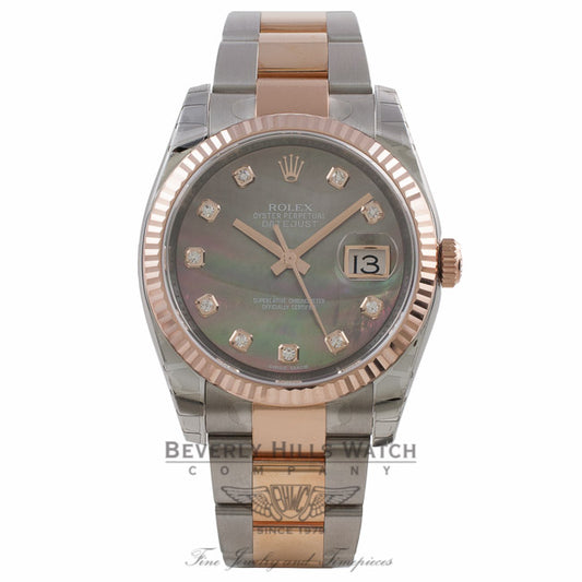 Rolex DateJust 36mm 18k Rose Gold and Stainless Black Mother of Peal Diamond Dial 116231 F7YJ3C - Beverly Hills Watch Company Watch Company
