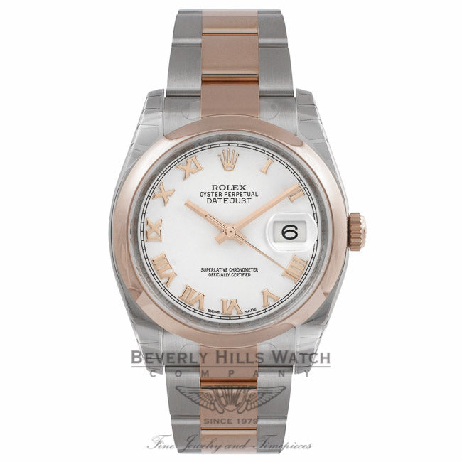 Rolex Datejust 36MM Stainless Steel 18k Rose Gold Domed Bezel White Dial Roman Numerals Markers 116201 JJ0N5A - Beverly Hills Watch Company Watch Store