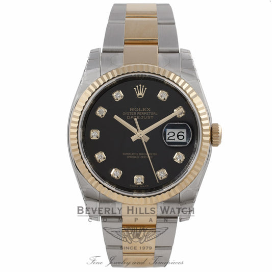 Rolex DateJust 18K Yellow Gold Stainless Steel Fluted Bezel Black Diamond Dial 116233 877QVM - Beverly Hills Watch Company Watch Store