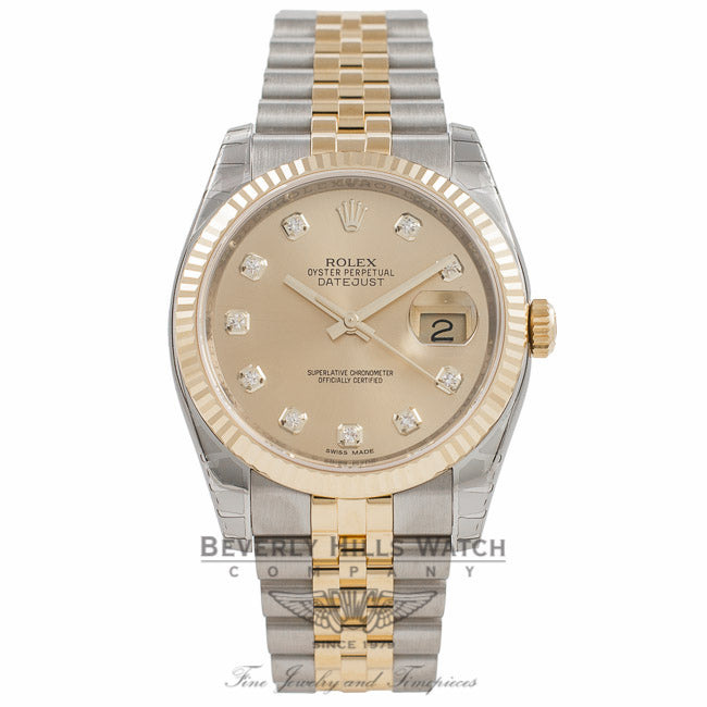 Rolex Datejust 36MM 18K Yellow Gold Stainless Steel 18k Yellow Gold Fluted Bezel Champagne Diamond Dial 116233 1XE99R - Beverly Hills Watch Company Watch Store