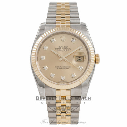 Rolex Datejust 36MM 18K Yellow Gold Stainless Steel 18k Yellow Gold Fluted Bezel Champagne Diamond Dial 116233 1XE99R - Beverly Hills Watch Company Watch Store