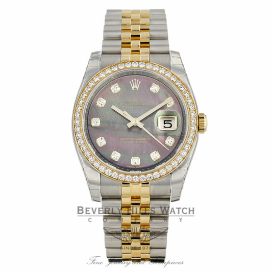 Rolex Datejust 36mm Yellow Gold Stainless Steel Diamond Bezel Black Mother of Pearl Diamond Dial 116243 - Beverly Hills Watch Company