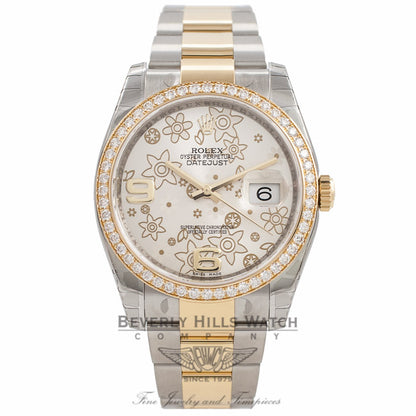 Rolex Datejust 36MM 18K Yellow Gold And Stainless Steel Diamond Bezel Silver Floral Dial 116243 VIVVXW