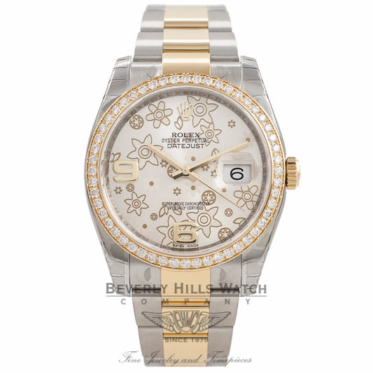 Rolex Datejust 36MM 18K Yellow Gold And Stainless Steel Diamond Bezel Silver Floral Dial 116243 VIVVXW