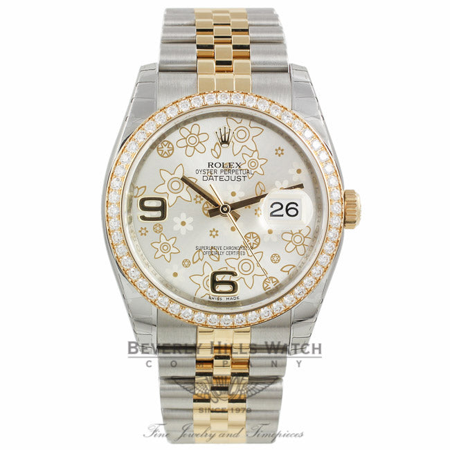 Rolex Datejust 36mm Stainless Steel and Yellow Gold Diamond Bezel Silver Floral Dial 116243 YVE8JR - Beverly Hills Watch Company
