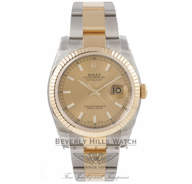 Rolex DateJust 18K Yellow Gold Stainless Steel Fluted Bezel Champagne Dial 116233 LNW66Y