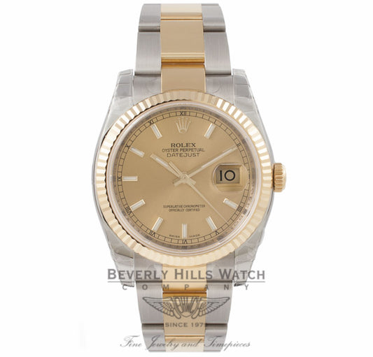 Rolex DateJust 18K Yellow Gold Stainless Steel Fluted Bezel Champagne Dial 116233 LNW66Y