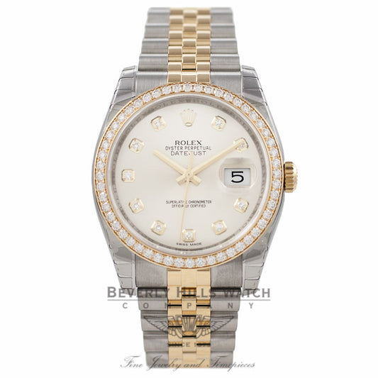 Rolex Datejust 36MM 18k Yellow Gold Stainless Steel Diamond Bezel Silver Diamond Dial 116243 - Beverly Hills Watch Company Watch Store