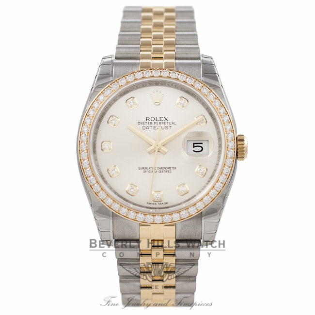 Rolex Datejust 36MM 18k Yellow Gold Stainless Steel Diamond Bezel Silver Diamond Dial 116243 - Beverly Hills Watch Company Watch Store