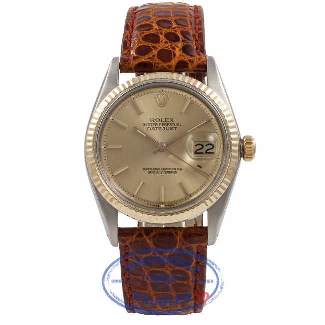 Rolex DateJust 18k Yellow Gold Fluted Bezel Champagne dial 1601 E3SWTT - Beverly Hills Watch Company Watch Store