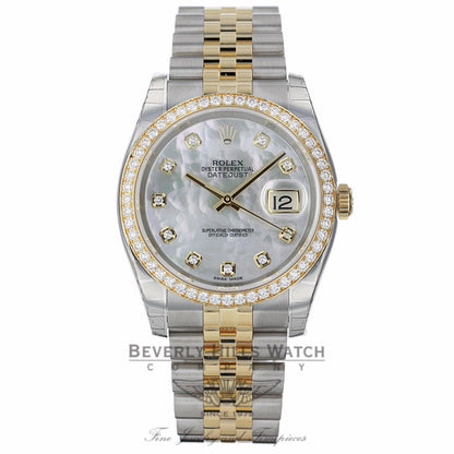 Rolex Datejust 36MM Yellow Gold Stainless Steel Diamond Bezel Mother of Pearl Diamond Dial 116243 3LRN63 - Beverly Hills Watch Company