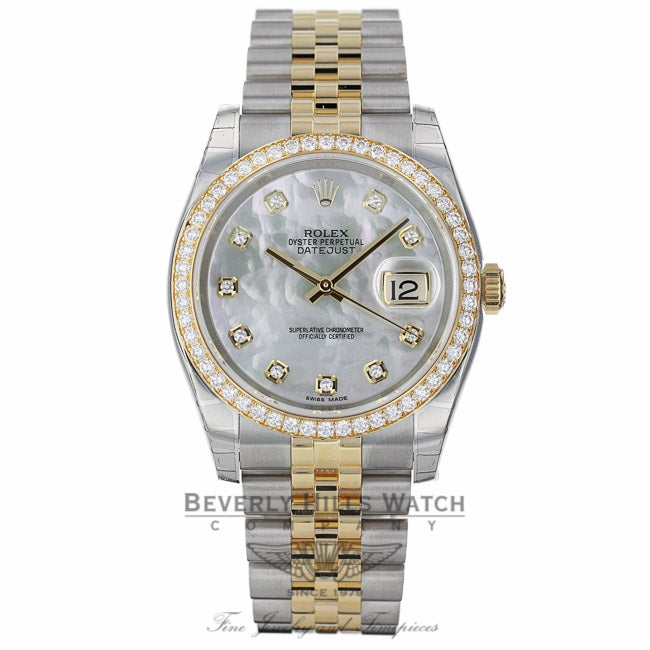 Rolex Datejust 36MM Yellow Gold Stainless Steel Diamond Bezel Mother of Pearl Diamond Dial 116243 3LRN63 - Beverly Hills Watch Company