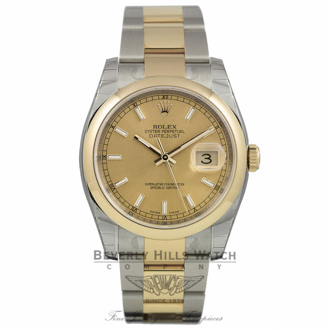Rolex Datejust Champagne Index Dial Oyster Bracelet Yellow Gold Stainless Steel 116203 KVA429 - Beverly Hills Watch Company