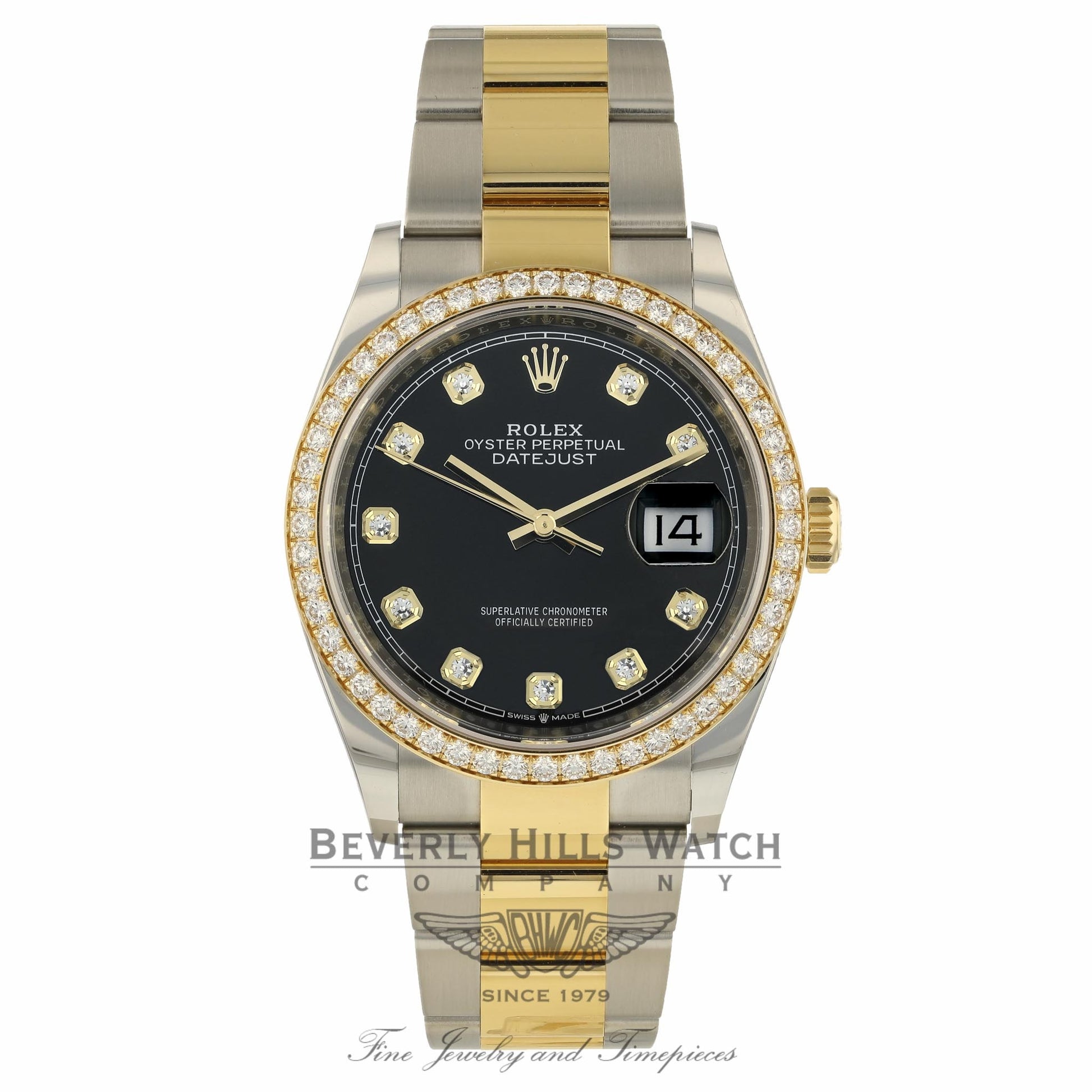 Rolex Datejust 36MM 18k Yellow Gold Stainless Steel Diamond Bezel Black Diamond Dial 116243 PNAA25 - Beverly Hills Watch Company