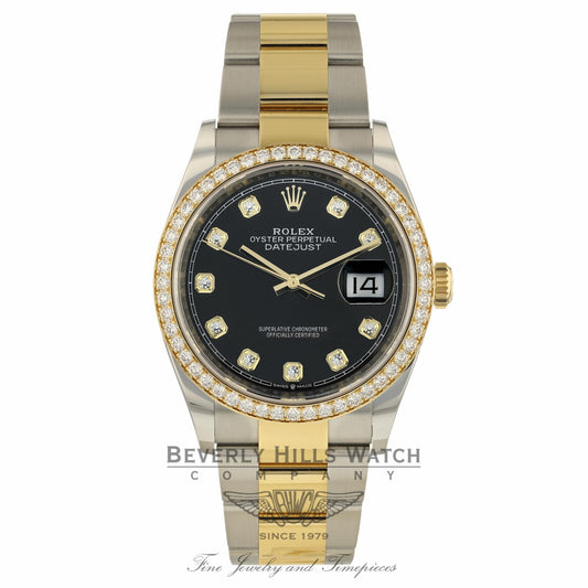 Rolex Datejust 36MM 18k Yellow Gold Stainless Steel Diamond Bezel Black Diamond Dial 116243 PNAA25 - Beverly Hills Watch Company