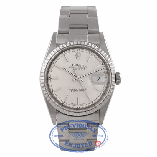 Rolex Datejust 36MM Stainless Steel  Engine Turned Bezel Silver Dial 16220 M5QZQC - Beverly Hills Watch Company Watch Store