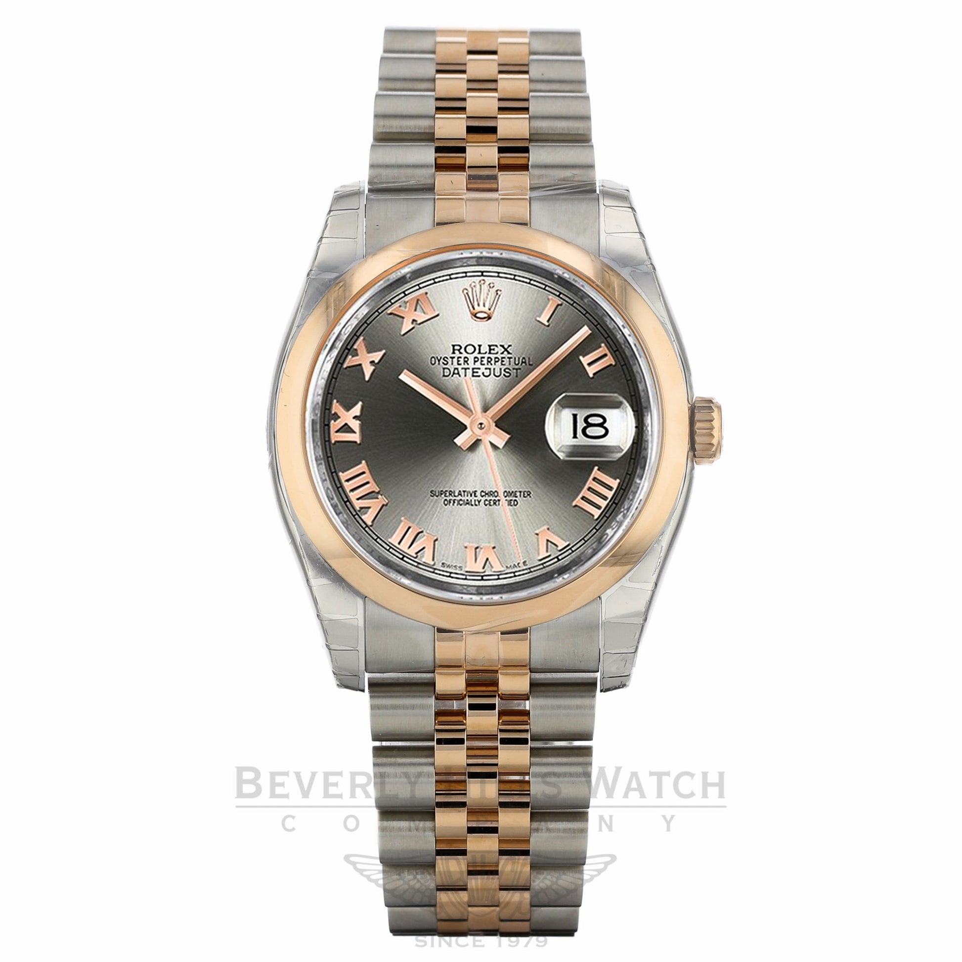 Rolex Datejust 36mm Stainless Steel and Rose Gold Rhodium Dial Rose Roman Numerals 116201 QPW2RQ - Beverly Hills Watch Company