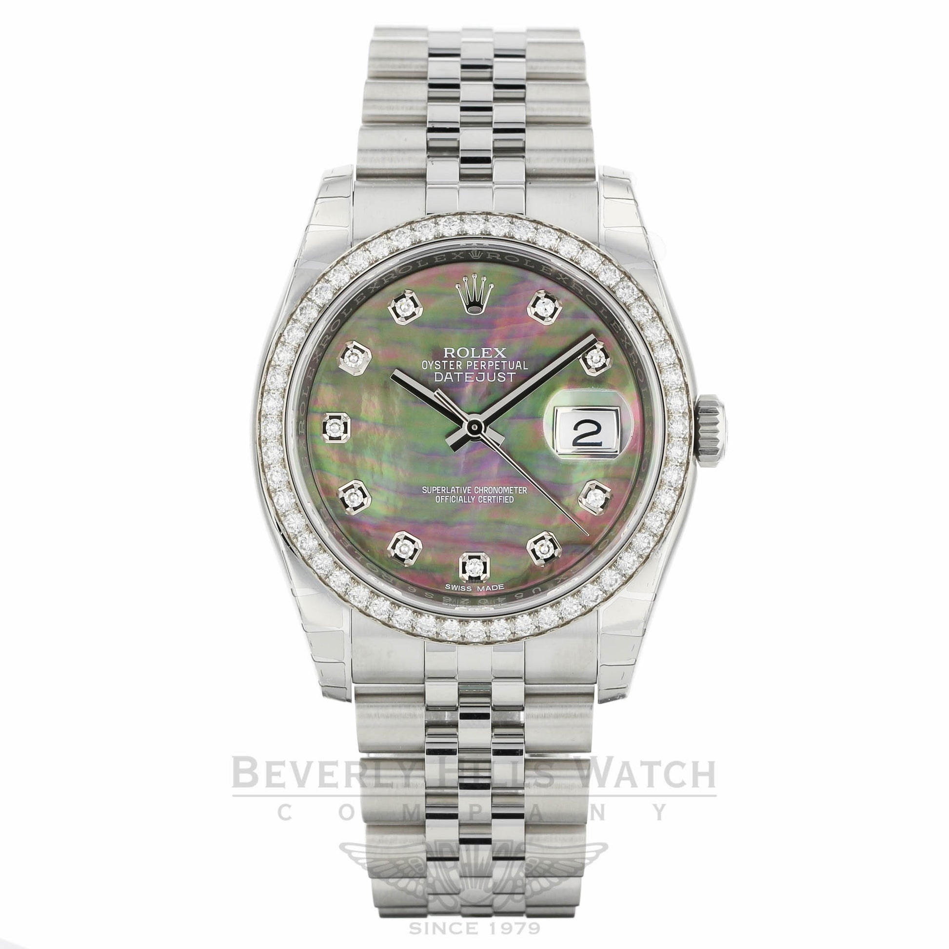 Rolex Datejust 36mm Stainless Steel Diamond Bezel Black Mother of Pearl Diamond Dial Jubilee Bracelet 116244 L4THR6 - Beverly Hills Watch Company