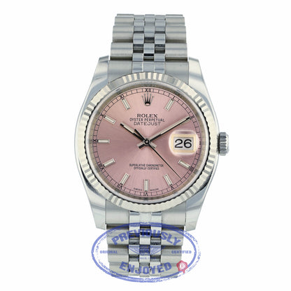 Rolex Datejust Pink Stick Dial White Gold Fluted Bezel 116234 97YD4W - Beverly Hills Watch Company