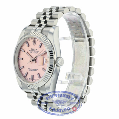 Rolex Datejust Pink Stick Dial White Gold Fluted Bezel 116234 97YD4W - Beverly Hills Watch Company