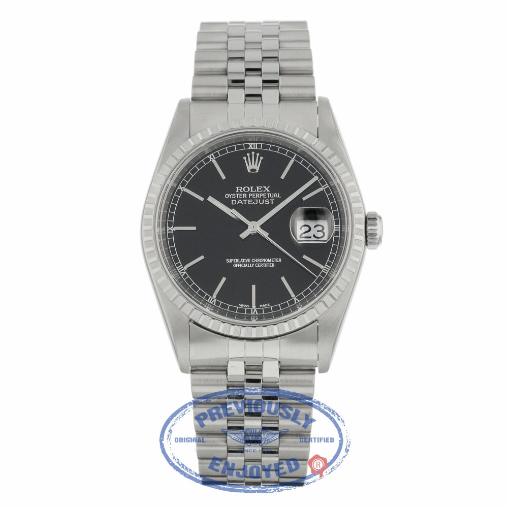 Rolex Datejust 36mm Stainless Steel Black Dial Index Hour Markers 16220 K8ZN7E - Beverly Hills Watch