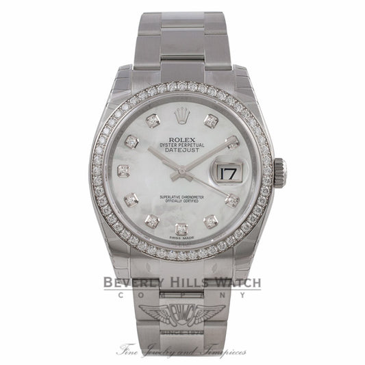 Rolex Datejust 36mm Stainless Steel Oyster Bracelet Mother of Pearl Diamond Dial Diamond Bezel 116244 PTUVT6 - Beverly Hills Watch Company