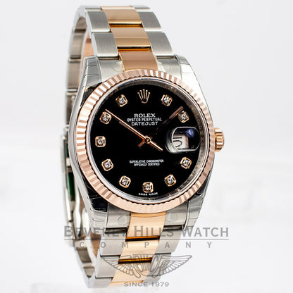 Rolex Datejust 36mm Stainless Steel and 18K Rose Gold Oyster Bracelet Fluted Bezel Black Diamond Marker Dial Watch 116243 Luxury Watches Beverly Hills