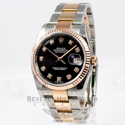 Rolex Datejust 36mm Stainless Steel and 18K Rose Gold Oyster Bracelet Fluted Bezel Black Diamond Marker Dial Watch 116243 Luxury Watches Beverly Hills