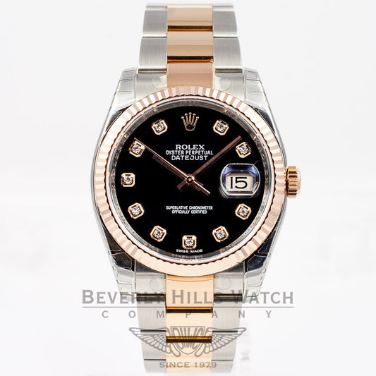 Rolex Datejust 36mm Stainless Steel and 18K Rose Gold Oyster Bracelet Fluted Bezel Black Diamond Marker Dial Watch 116243 Luxury Watches Beverly Hills